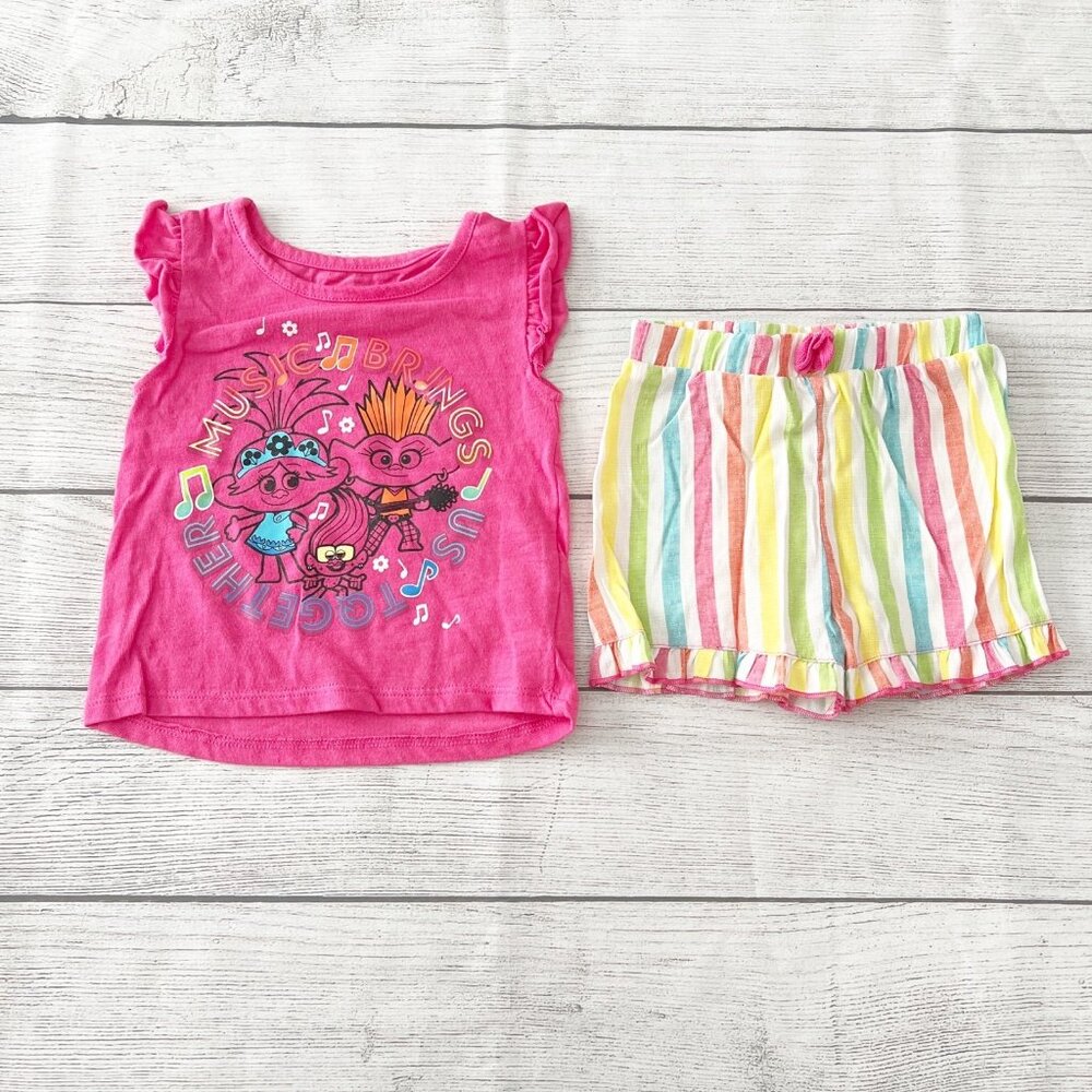 Trolls Toddler Girl 2-Piece Outfit Set Graphic Top & Rainbow Stripe Shorts 2T - Picture 2 of 4